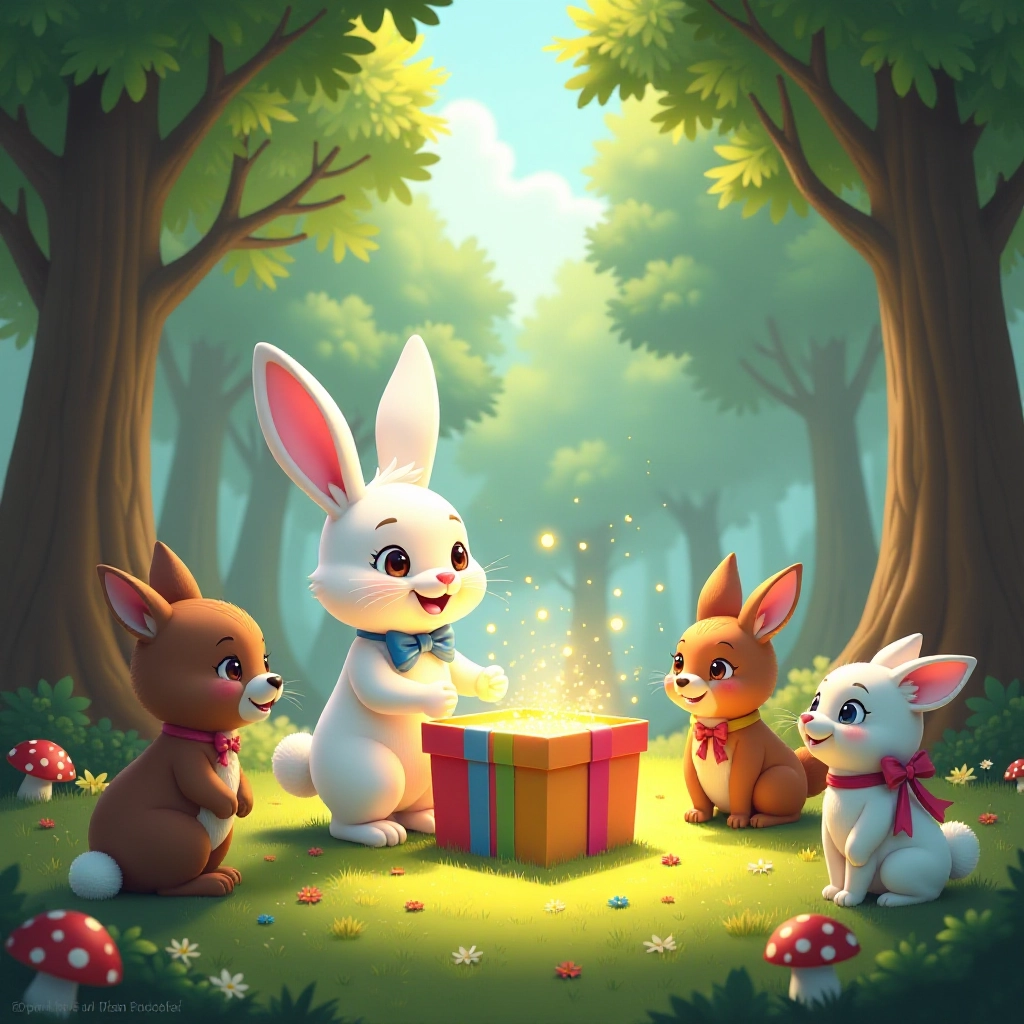 Magical moment as rabbit opens the gift box in forest clearing.