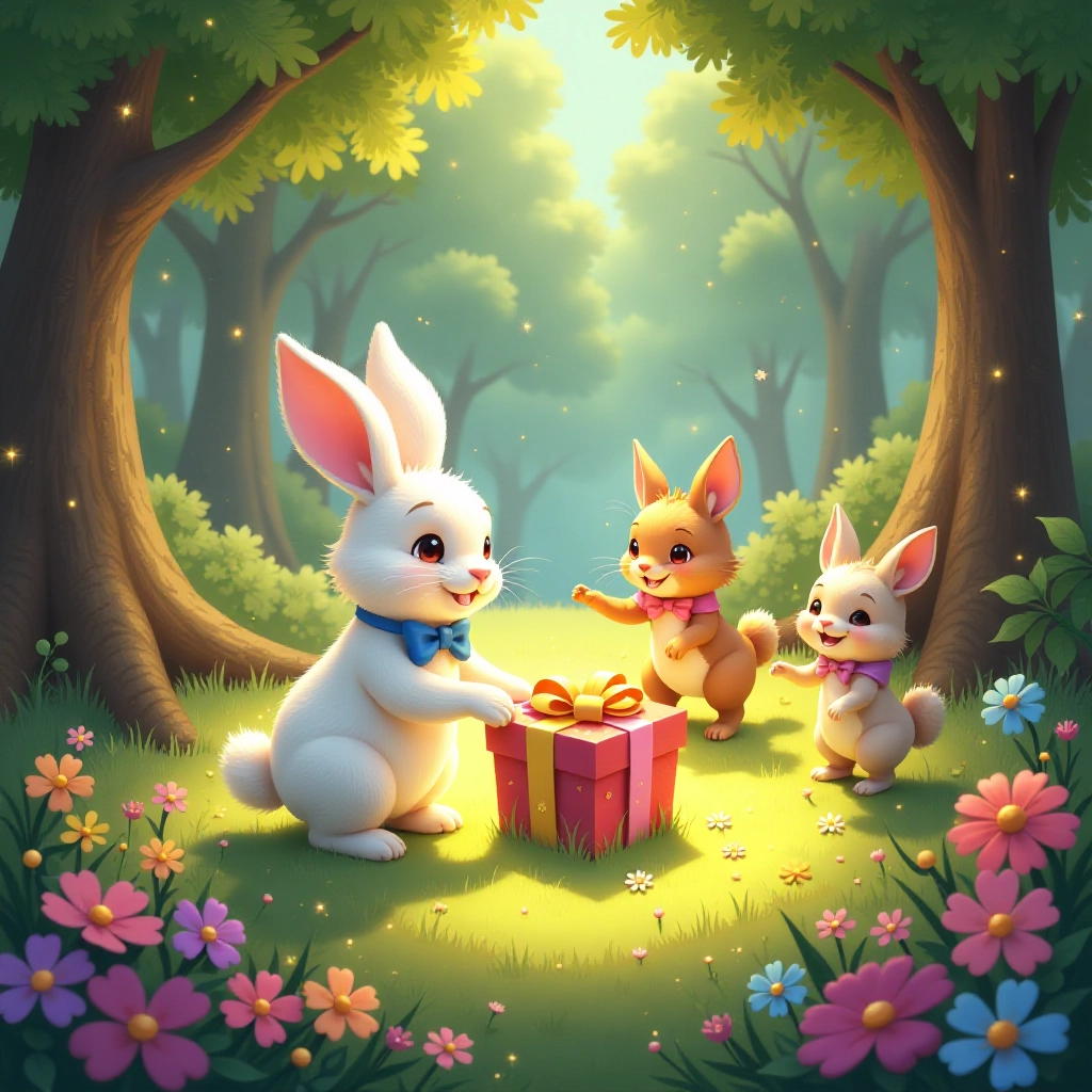 Sharing magical gifts brings joy to all forest animals.