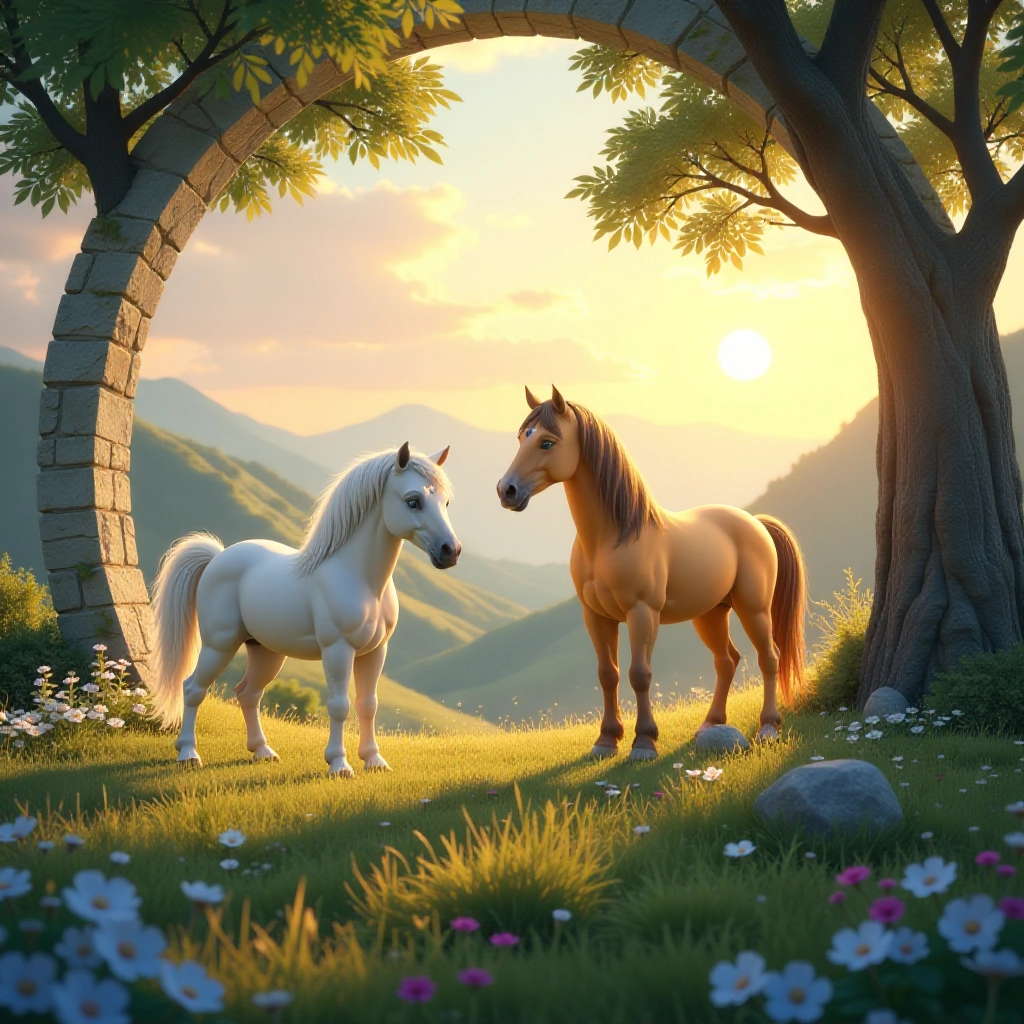 Young silver horse Luna meets wise golden horse Star at magical meadow entrance.