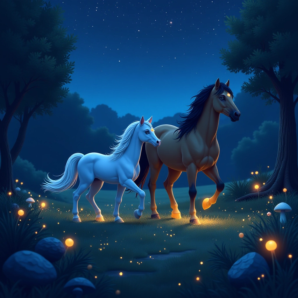 Star guides Luna through the twilight meadow as magical elements appear.