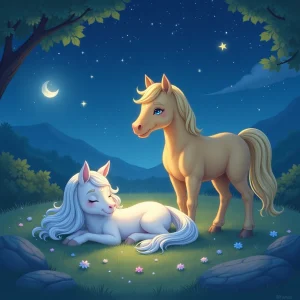 Luna rests peacefully while Star watches over her under the starlit sky.