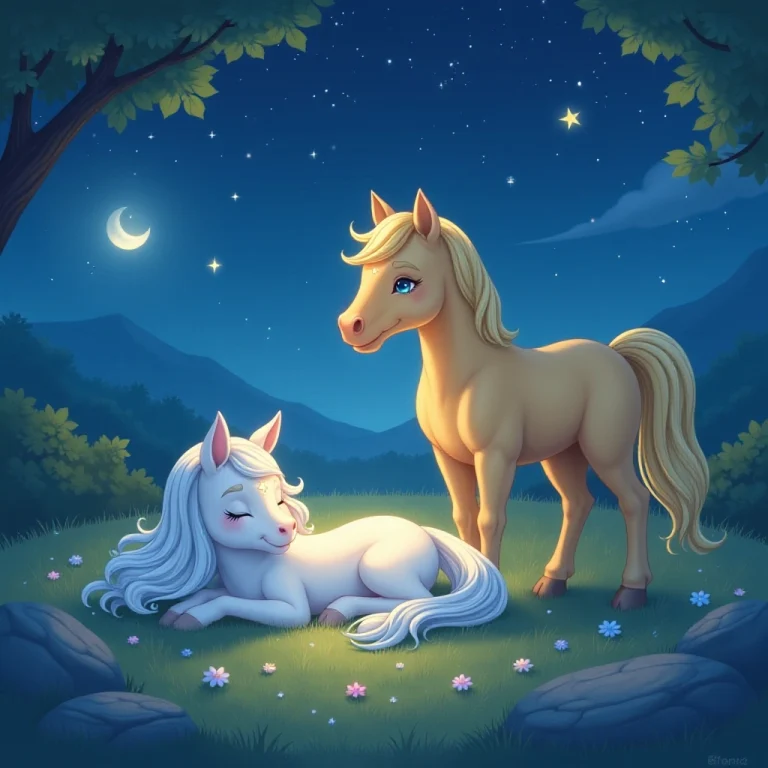Luna rests peacefully while Star watches over her under the starlit sky.