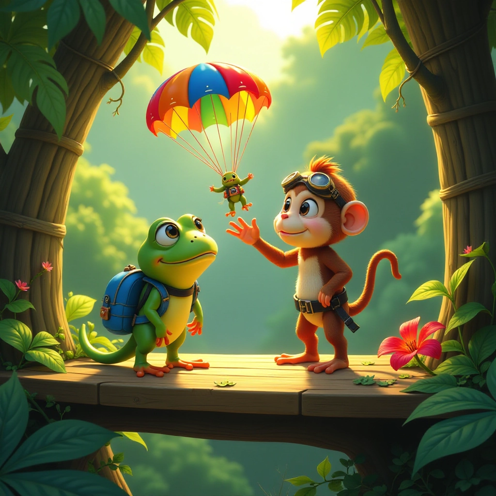 A nervous frog prepares for his first parachute jump with an enthusiastic monkey instructor