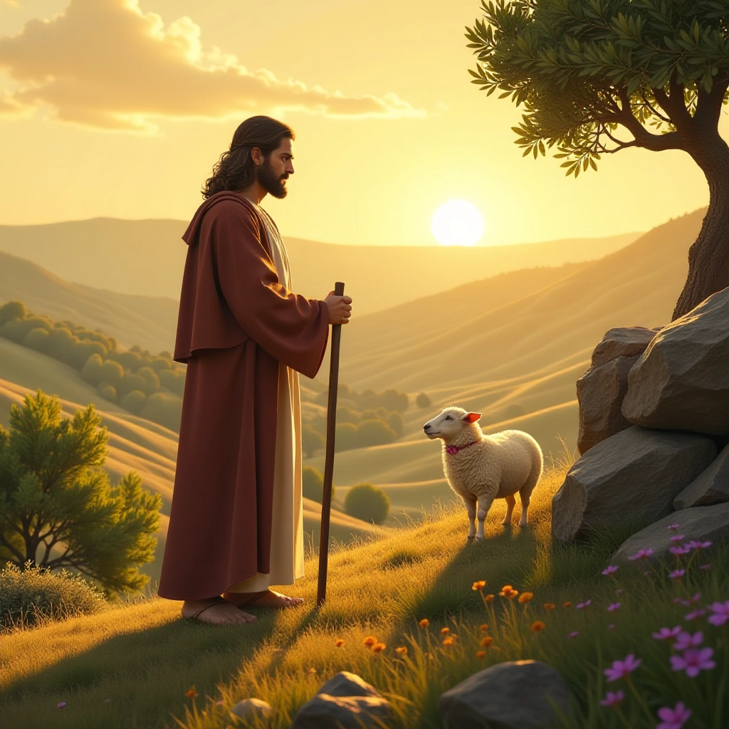 Jesus notices a lost lamb while shepherding his flock.