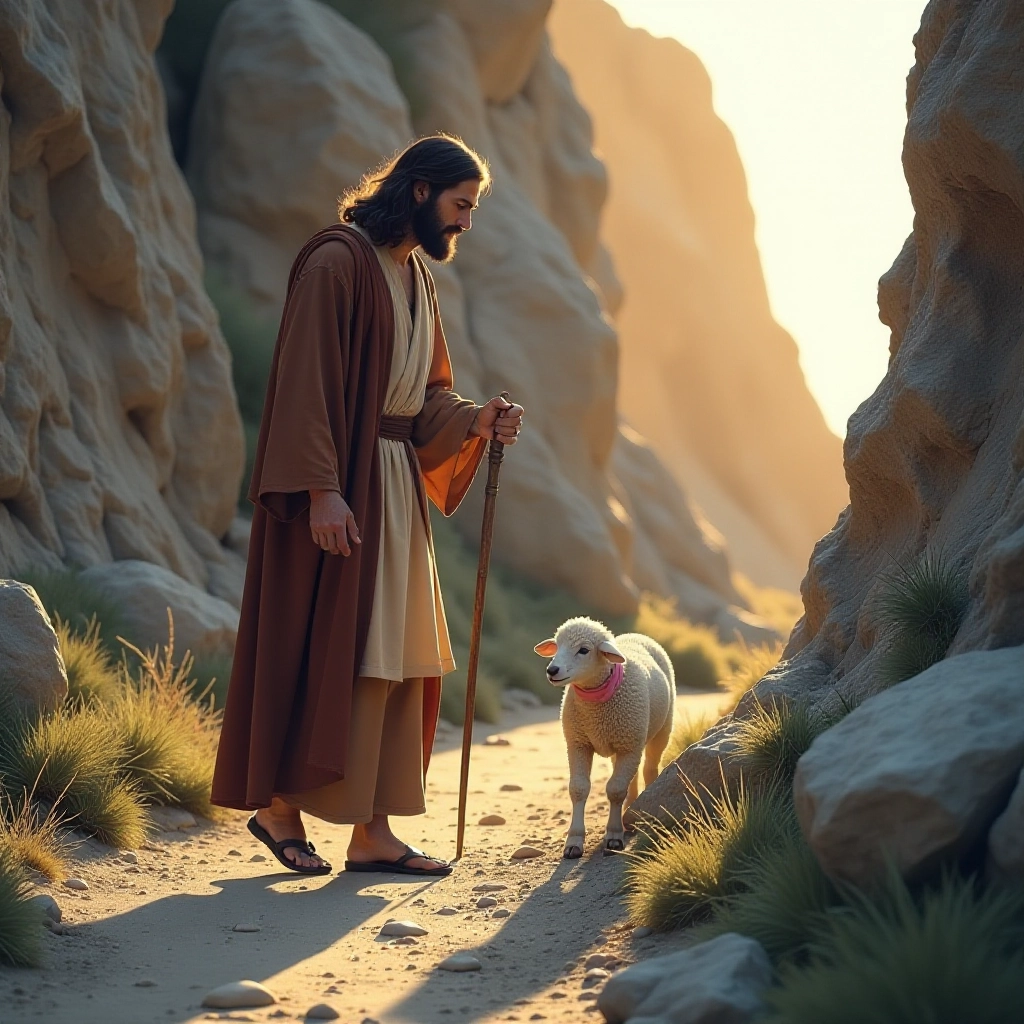 Jesus carefully searches for the lost lamb among the rocky terrain.