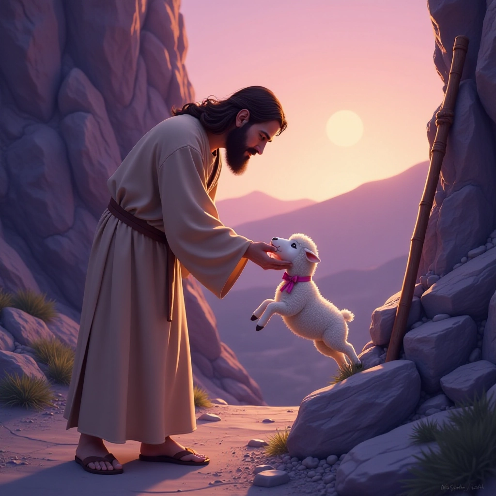 Jesus rescues the trapped lamb with gentle care.