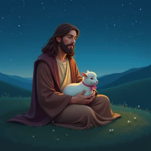Jesus comforts the rescued lamb under the starry night sky.