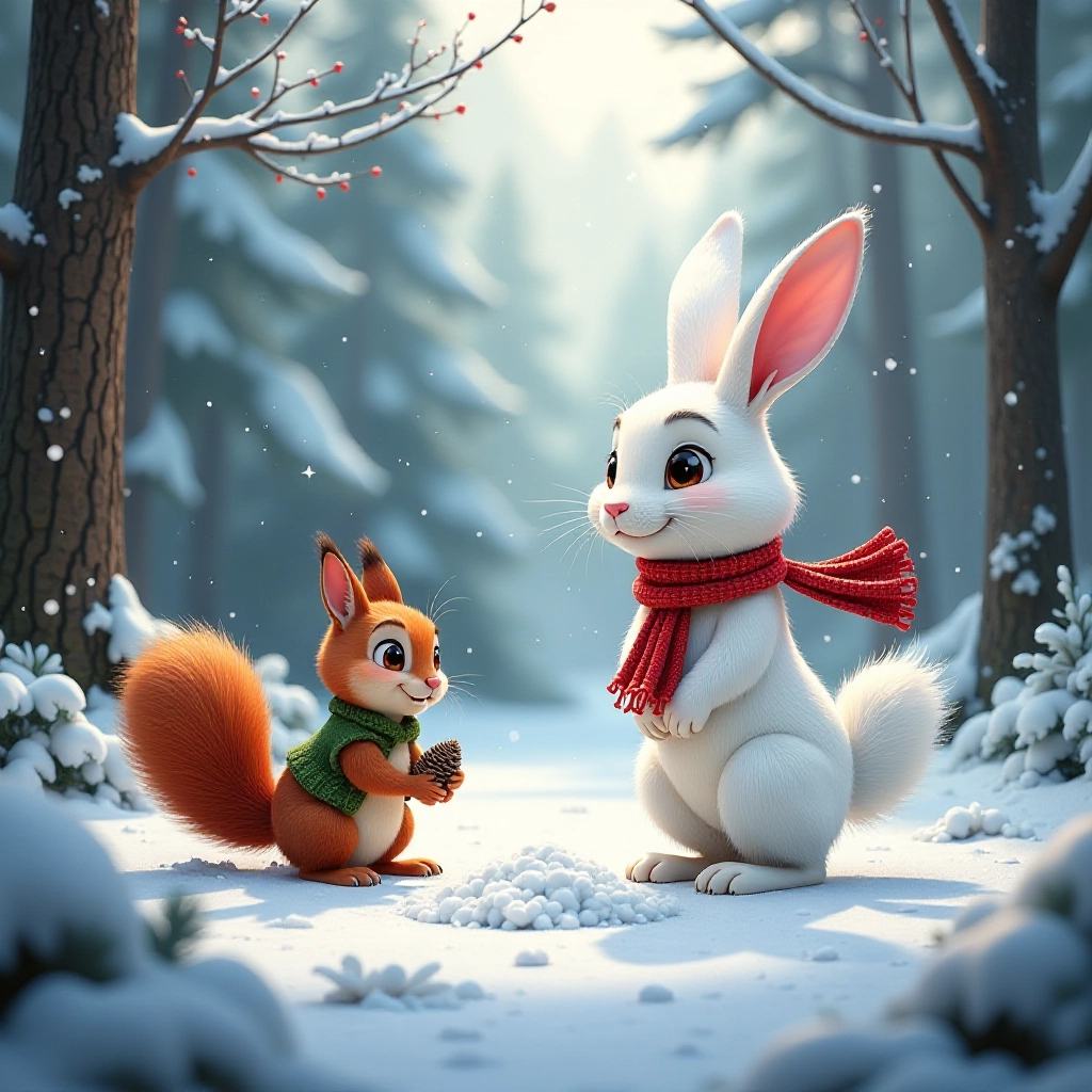 Two forest friends discover Christmas preparations on a snowy morning.