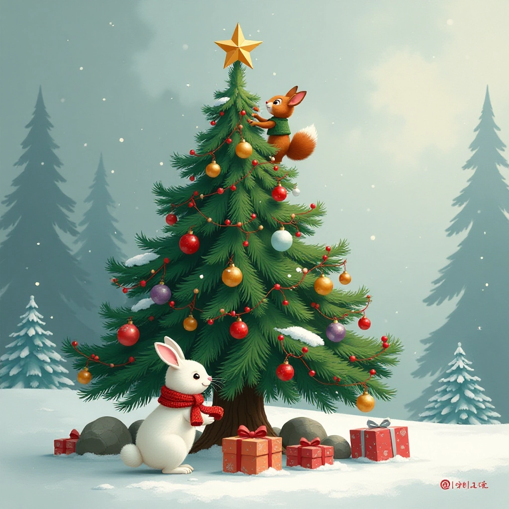 Animals work together to decorate their special Christmas tree.