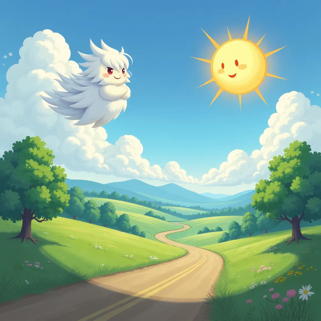 The North Wind and Sun meet in the sky and begin their friendly contest