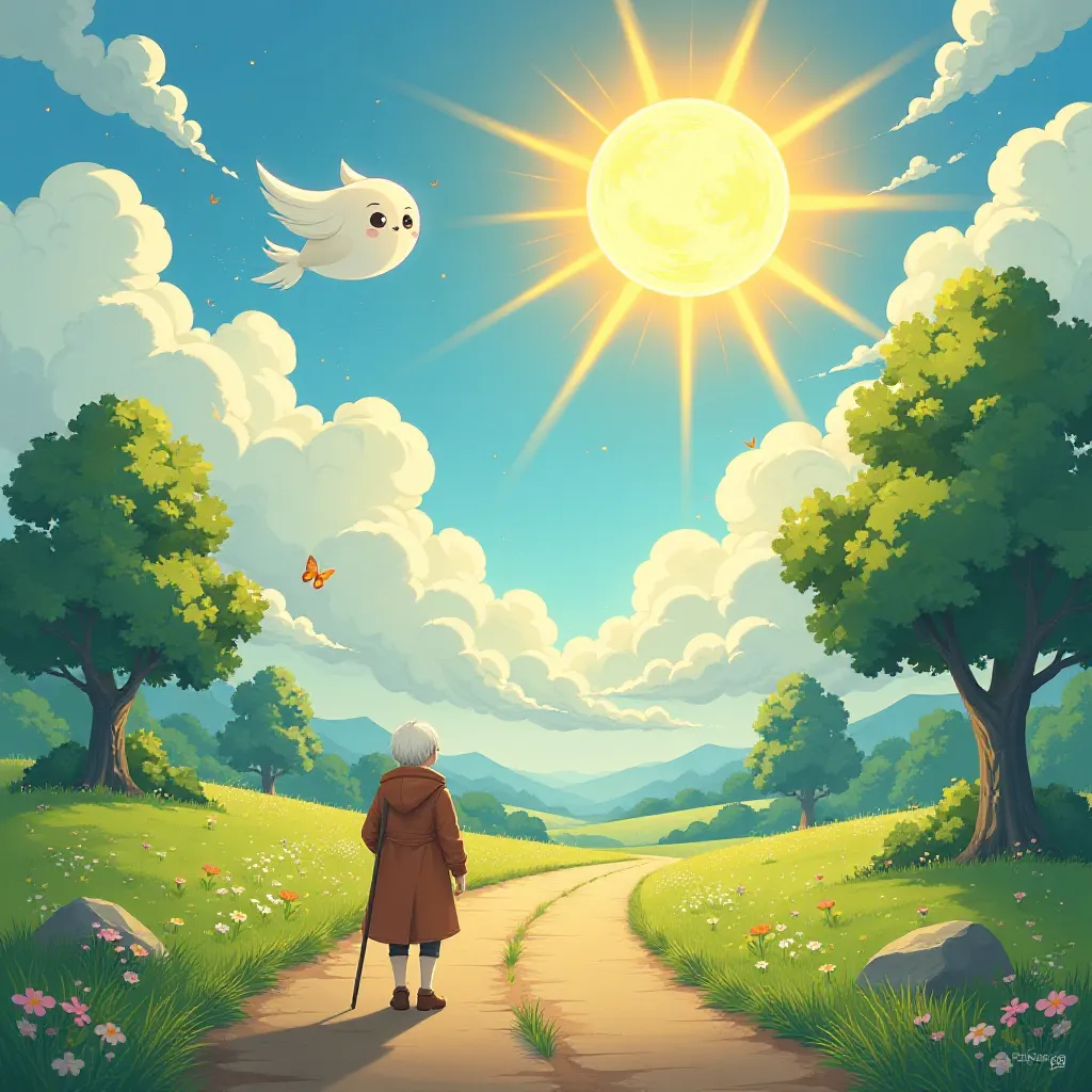 The Sun gently warms the traveler, causing them to willingly remove their coat