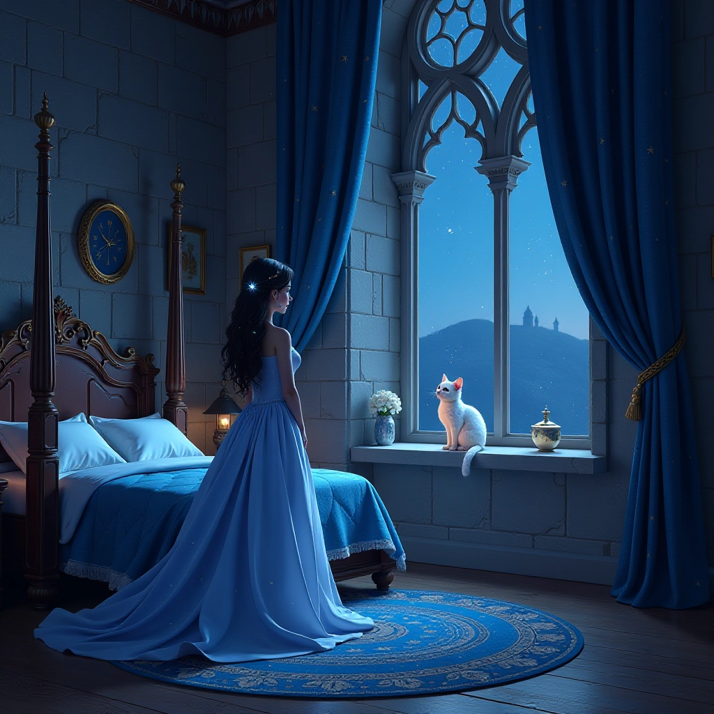 Princess Luna discovers magical slippers in her moonlit bedroom.