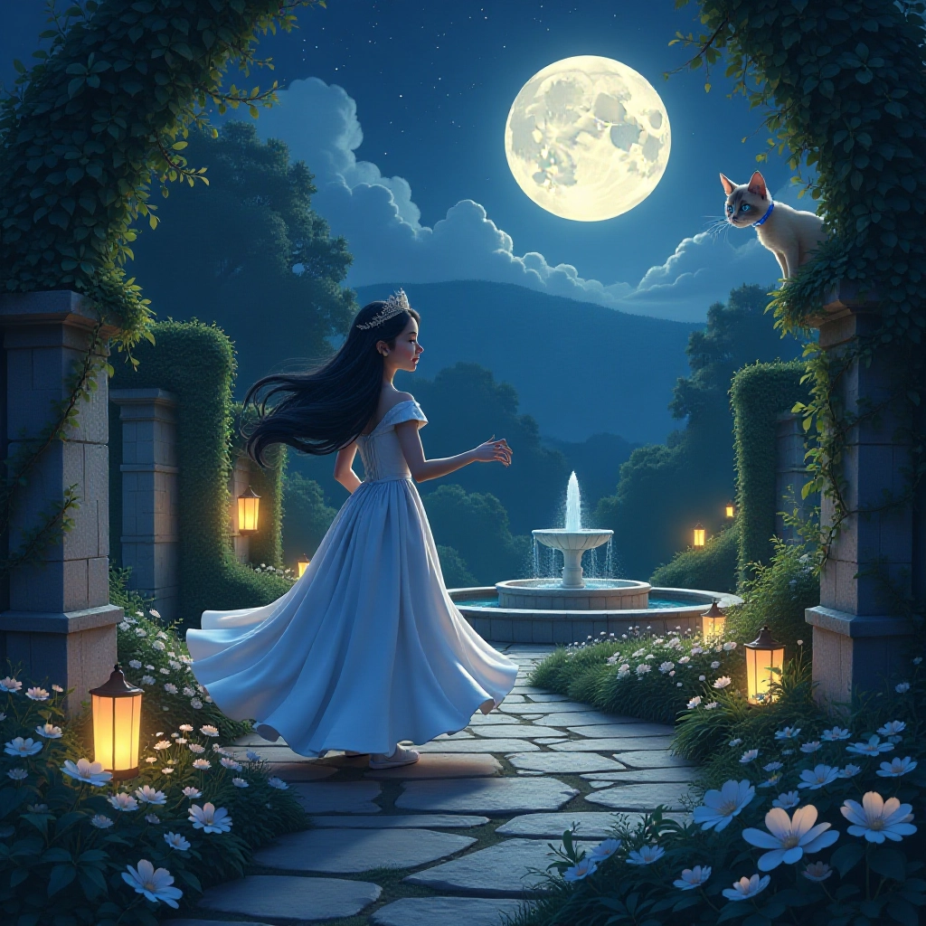 Princess Luna dances in an enchanted garden with magical slippers.