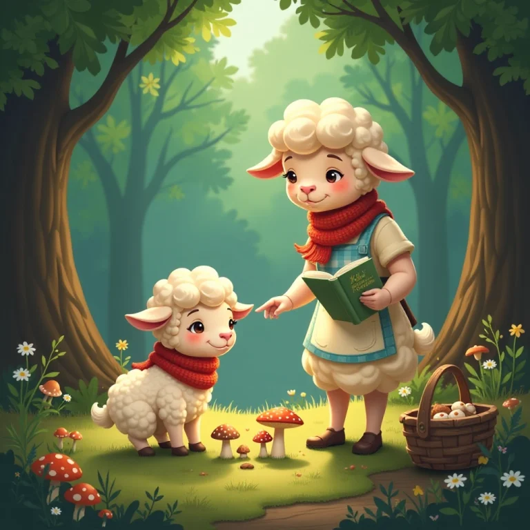 Mother teaches lamb how to identify safe mushrooms in forest clearing.