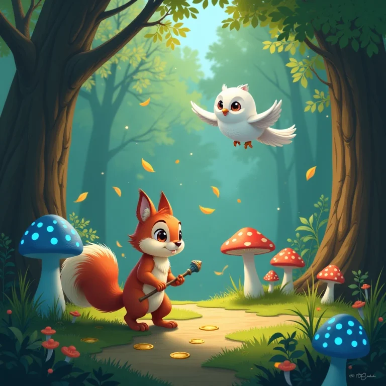 The squirrel and owl embark on a magical journey through the forest.