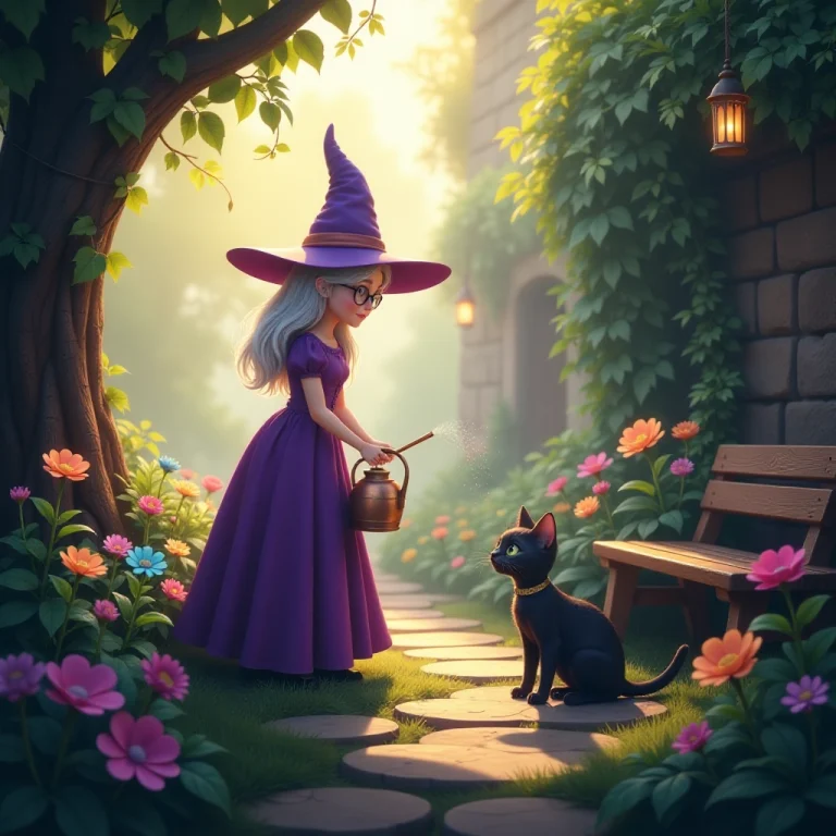 A friendly witch tends to her magical garden with her cat companion.
