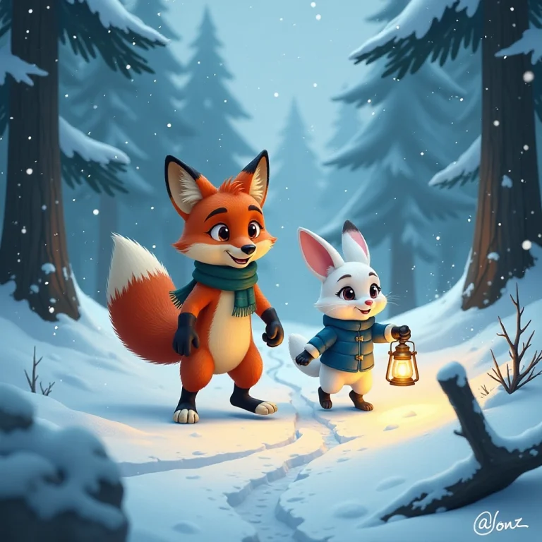 Fox and hare brave a dangerous snowstorm together.