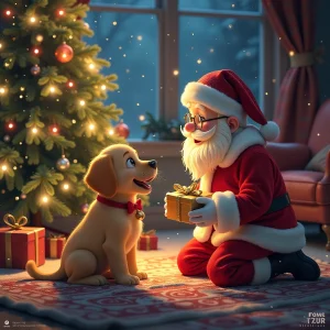 Santa's special moment with the puppy, giving him a magical gift.