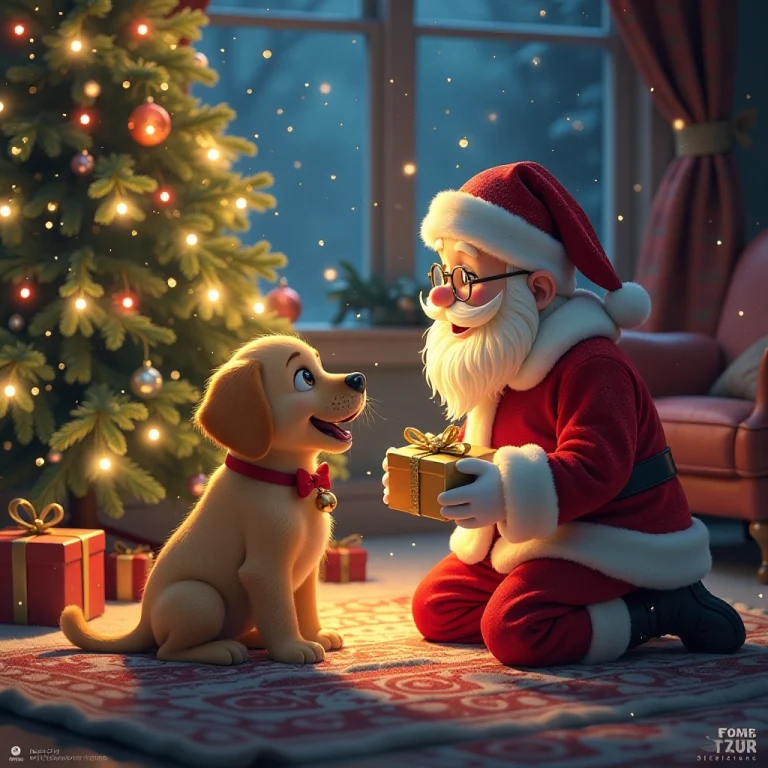 Santa's special moment with the puppy, giving him a magical gift.