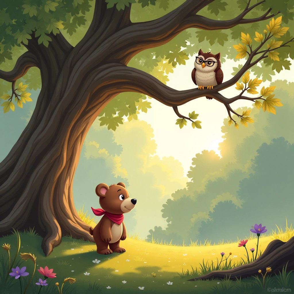 A curious little bear discovers a magical tree that needs cleaning.