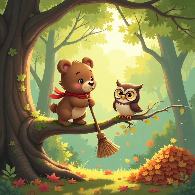 The little bear begins cleaning the magical tree with determination.