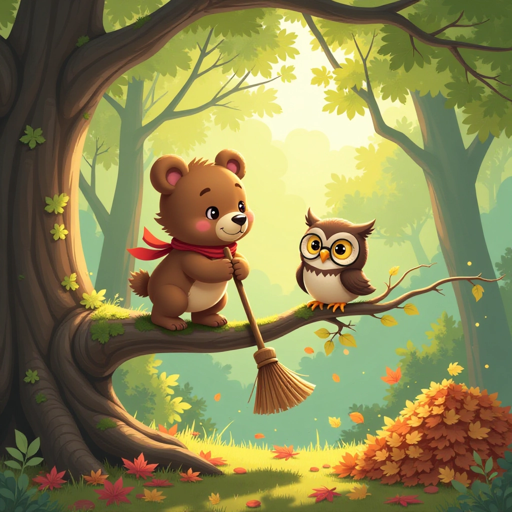 The little bear begins cleaning the magical tree with determination.