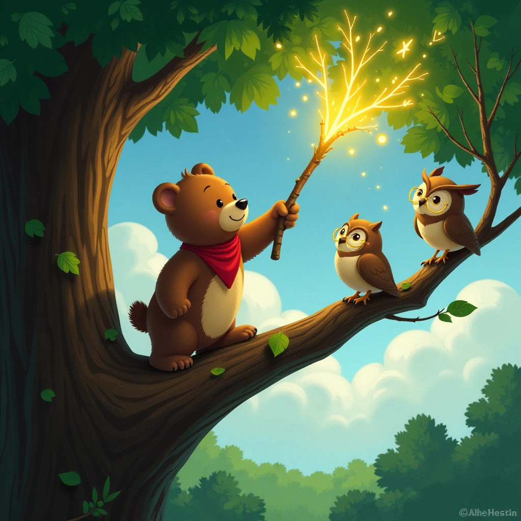 The little bear faces a challenging moment while cleaning the highest branches.